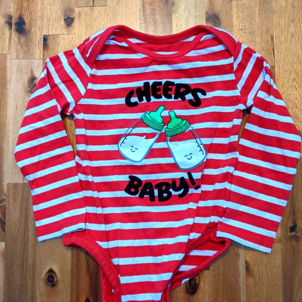 24 month "cheers baby!" red & white stripped long-sleeve onesie.